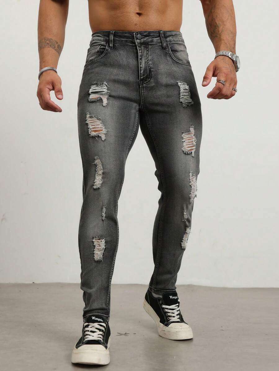 Manfinity LEGND Men's Front Button Multiple Pockets Distressed Denim Jeans, Casual Wear