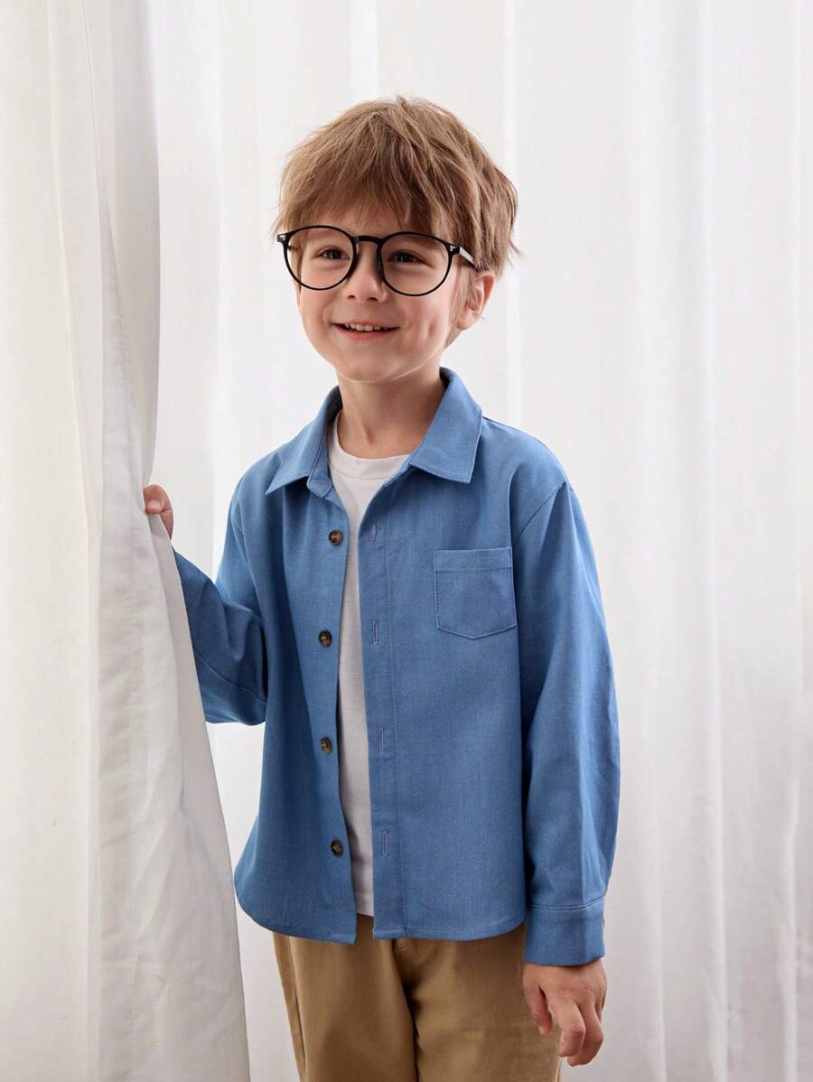 Cozy Pixies Camisa casual de unicolor con solapa, hombros caídos y bolsillo parche para niño joven