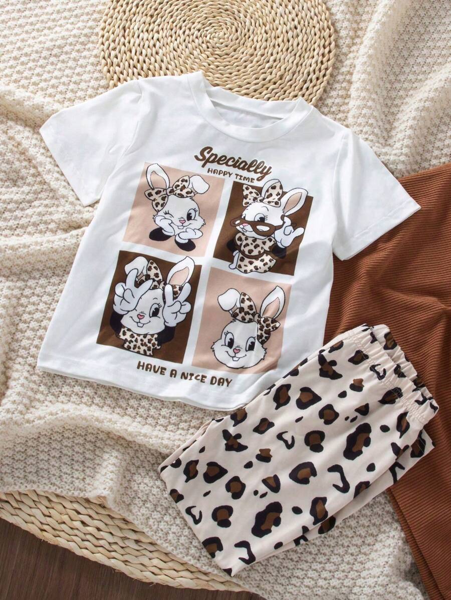 SHEIN Wildeya Young Girl Cute Hand-Drawn Rabbit Pattern Coral Short Sleeve T-Shirt And Leopard Print Knit Leggings Set , Suitable For Summer, Autumn And Winter, Both As Inner Wear And Daily Wear For School,Holiday,Summer,Travel