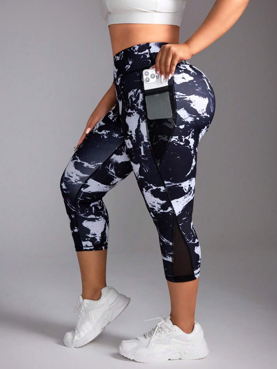 SHEIN Sport Studio Legginsy 7/8 z wysokim stanem i nadrukiem na całej powierzchni, sportowe spodnie do jogi na co dzień
