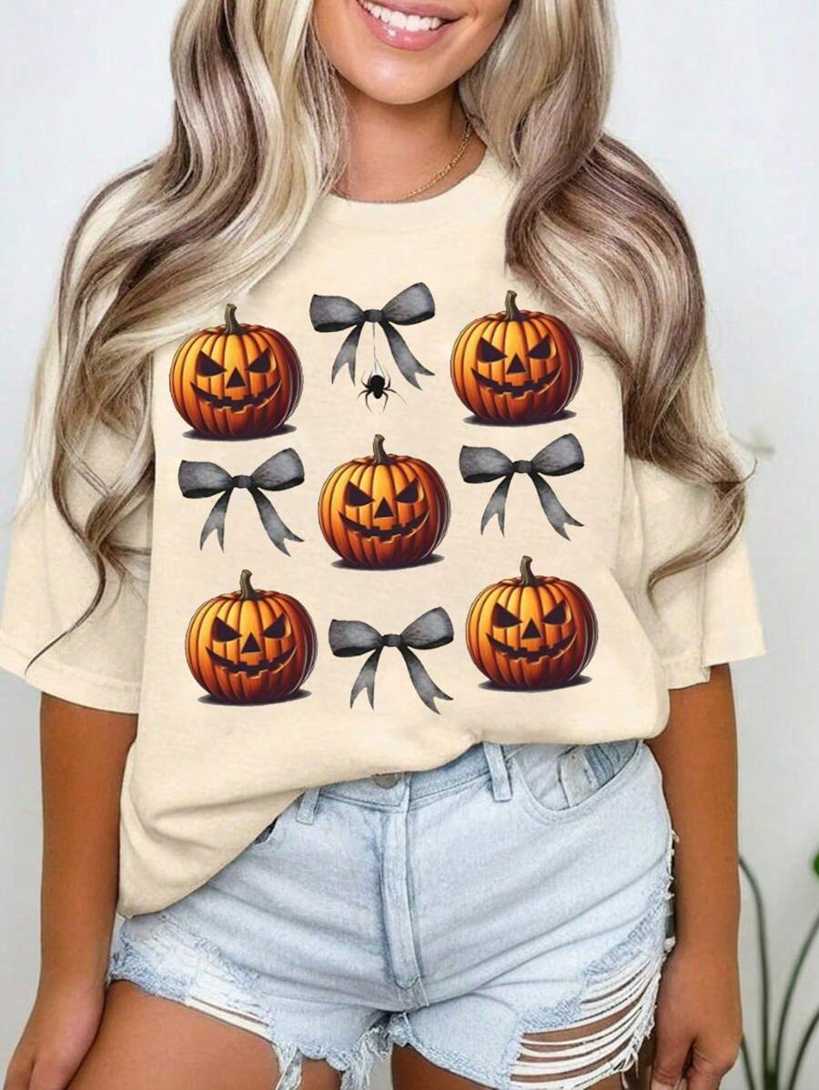 SHEIN LUNE Plus Size Women's Loose Fit Casual T-Shirt With Bowknot & Pumpkin Print, Round Neckline And Dropped Shoulders, Summer