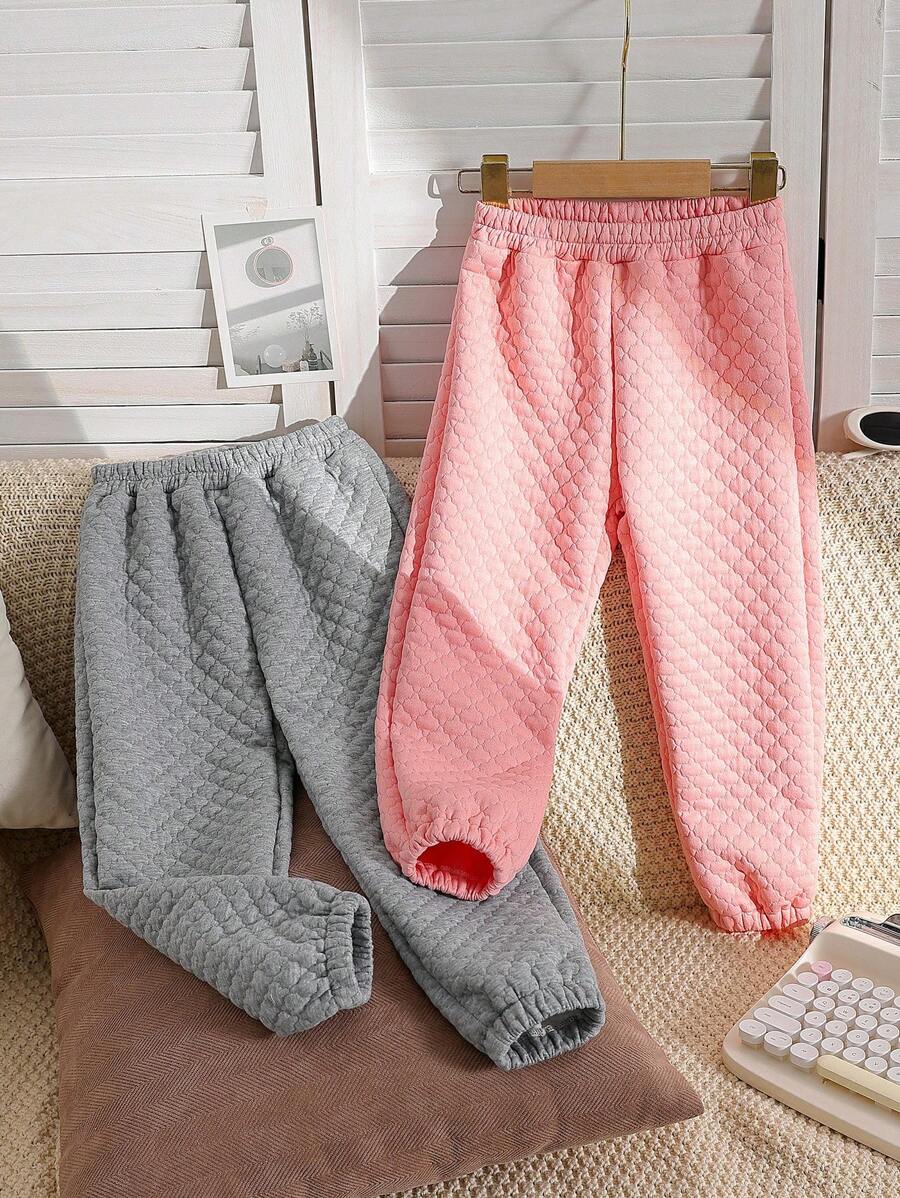 SHEIN Conjunto de calças casuais soltas com cós acolchoado de diamante para meninas, 2 peças, inverno grosso e quente