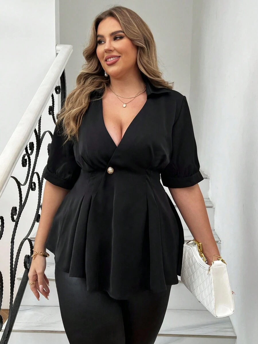 Celure Plus Size Summer Casual Solid Color Wrap Waist Blouse