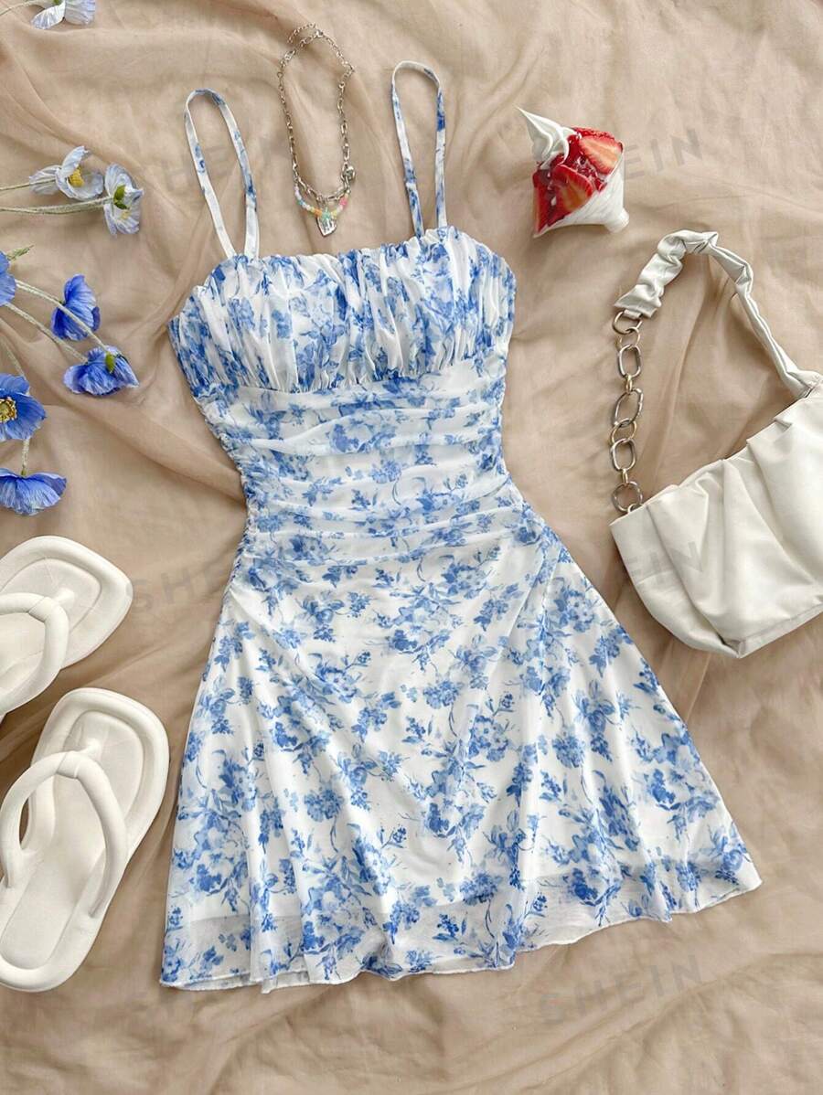 Soleia Rochie de vacanță de vară, albastru și alb, din plasă florală, cu decolteu