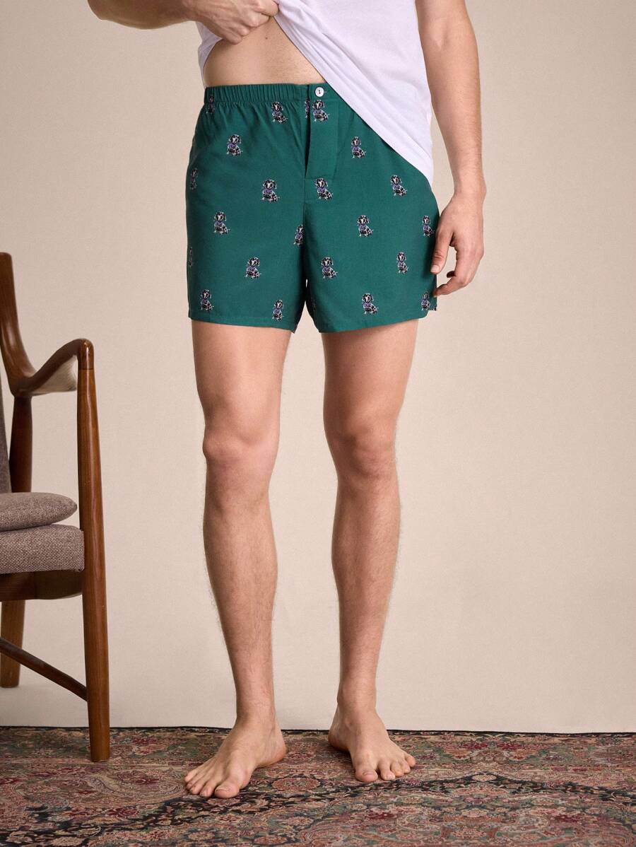 SHEIN EverLounge Męskie spodnie z nadrukiem psa, na co dzień, miękkie, zapinane na guziki