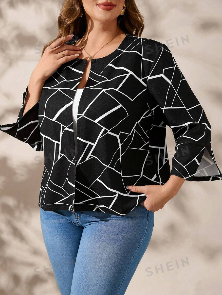 SHEIN Clasi Chaqueta casual delgada de manga larga y apertura frontal con estampados totales y aberturas laterales para tallas grandes