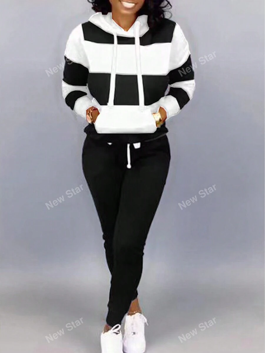 Conjunto de sudadera deportiva de manga larga y pantalones holgados con bolsillo grande, estampado de rayas y parches, nuevo estilo europeo y americano para mujeres, para otoño e invierno