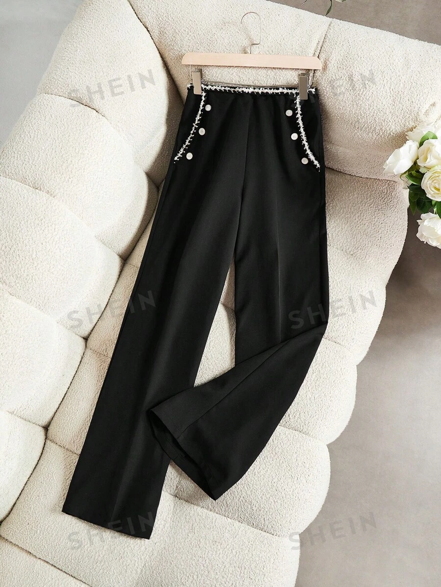 Modelyn Pantalones rectos casuales sueltos con decoración de botones, patchwork y lazo para mujer