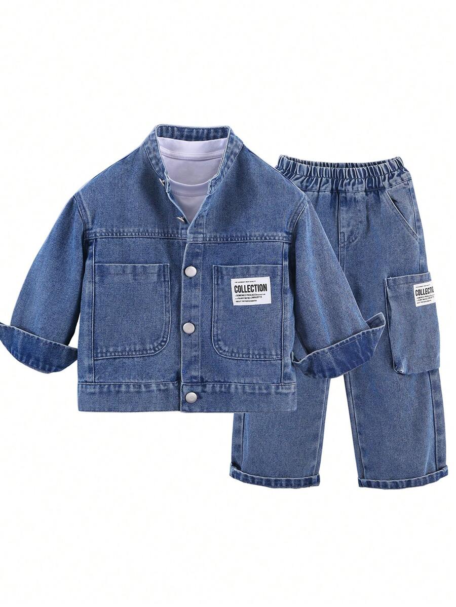 2pcs/Set Young Girls Button Front Long Sleeve Blouse And Long Pants Outfit