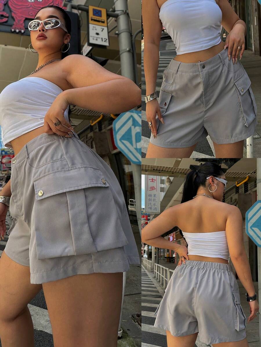 Flirla Plus Size Button Waistband Loose Casual Fashion Sports Outdoor Shorts With Pockets