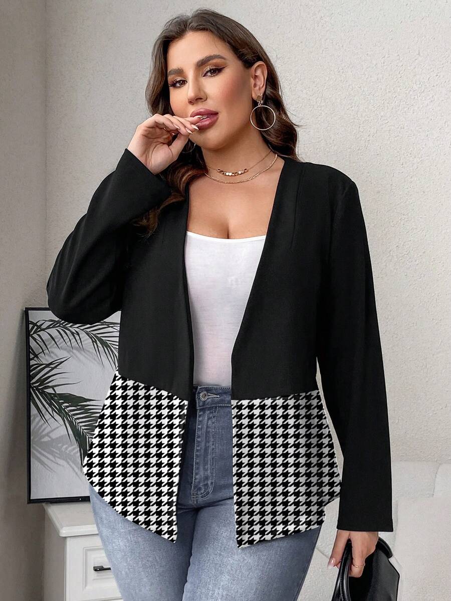 SHEIN Clasi Plus Size Business Jacket With Black And White Houndstooth Patchwork Design
