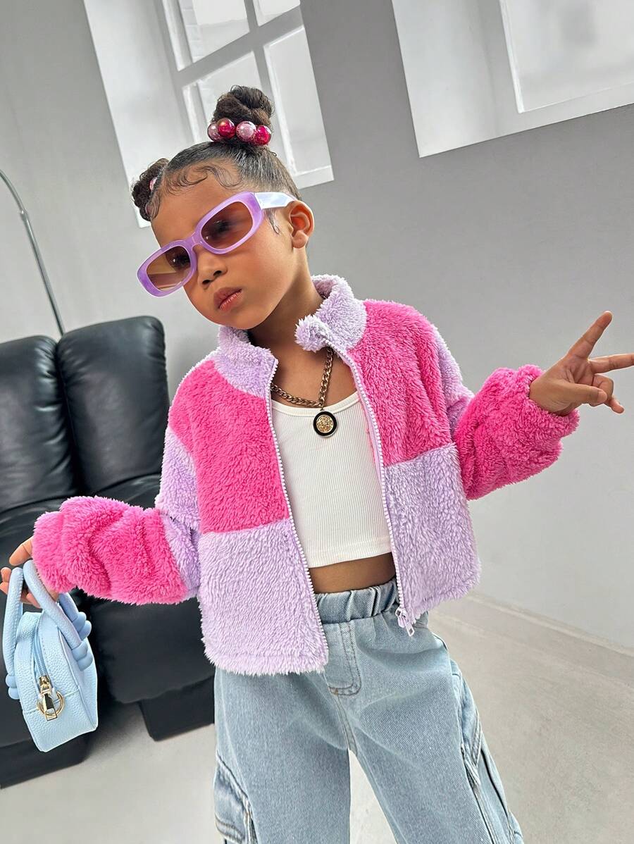 SHEIN Young Girl's Casual All-Match Autumn/Winter New Arrival Stand Collar Short Zip-Up Jacket, Color Blocking In Fuchsia And Purple, Suitable For Fall, Winter, Homewear, Daily, Outdoor, Party, Streetwear
