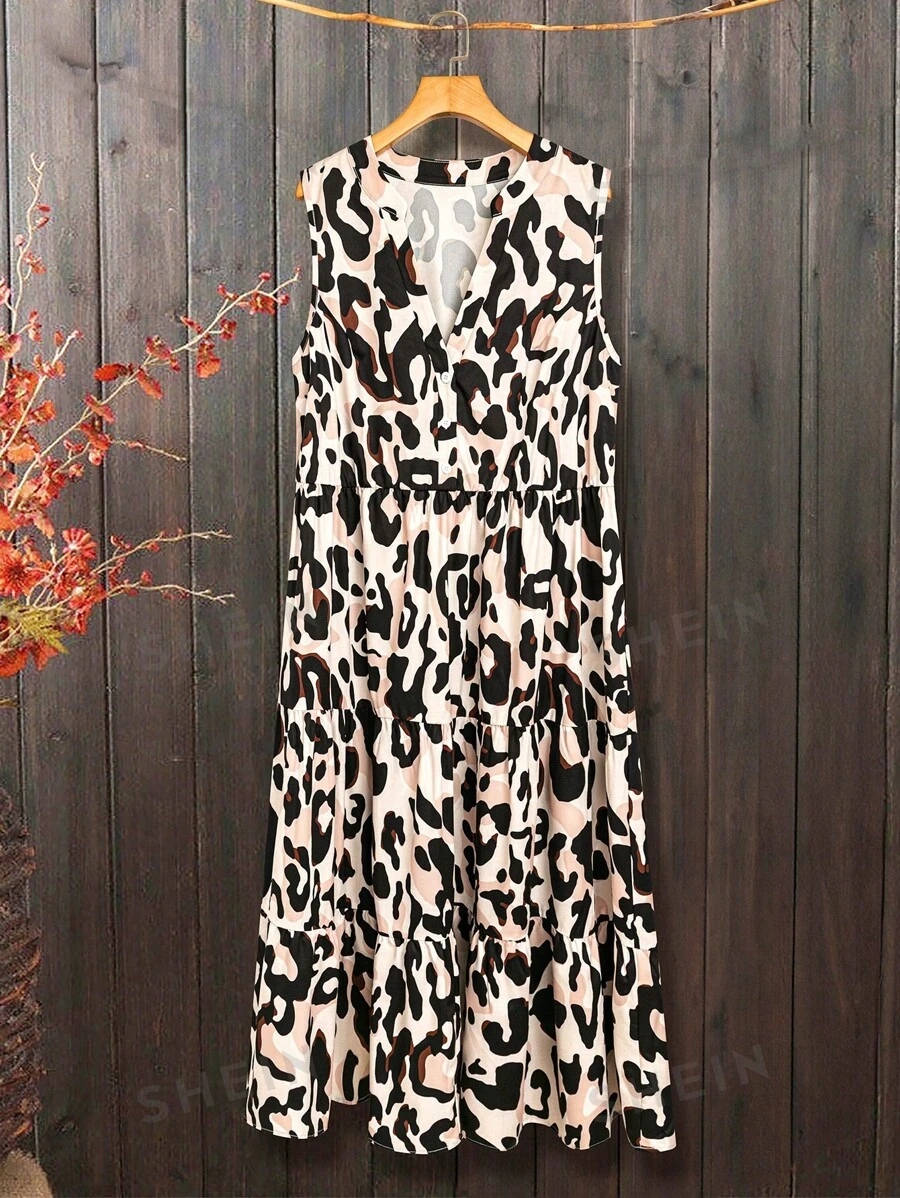 Vestido veraniego de talla grande con estampado de leopardo aleatorio para mujeres, escote en V, sin mangas y suelto