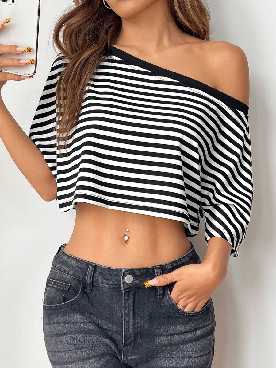 SHEIN EZwear Women's Asymmetrical Neck Striped Casual Elegant Charming Loose Fit T-Shirt