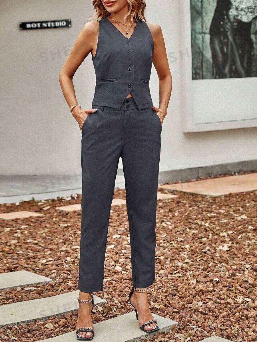 SHEIN Clasi Chaleco de mujer de talla grande abotonado y sin mangas y pantalones de traje para el verano