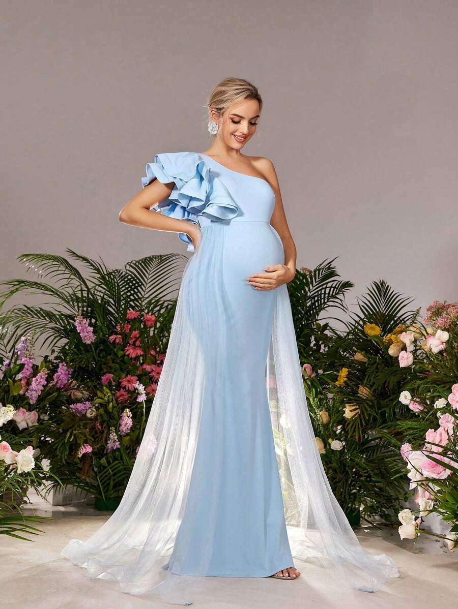 Maternity Elegance One-Shoulder Ruffle Sleeve Gown&Babyshower Dresses With Cascading Side Slit Organza Train & Sculpted Fish-Tail Hem – Sophisticated Baby Shower Dress For Formal Dinners, Bridal Luncheons, Celebratory Receptions, Maternity Galas, And Elegant Ceremonies