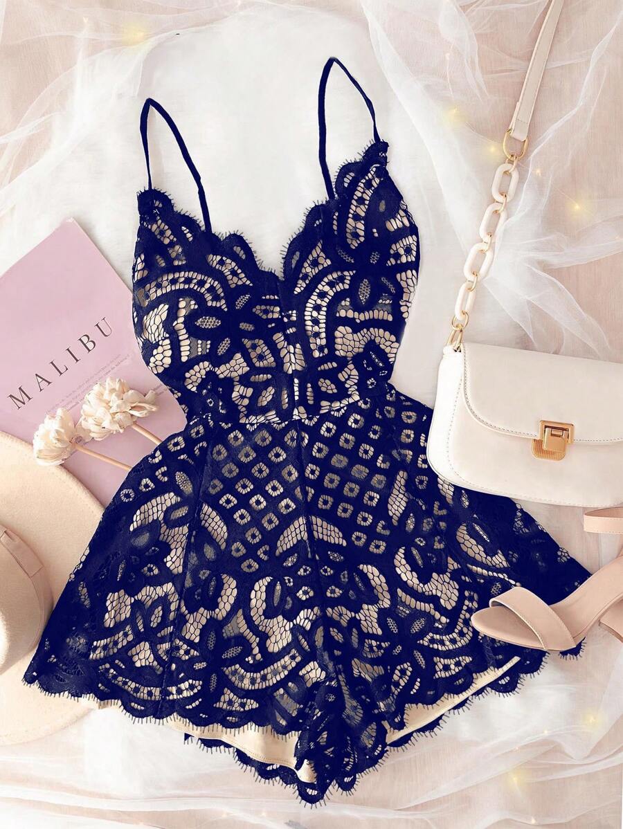 Calvaya Summer Sleeveless Black Lace Romper