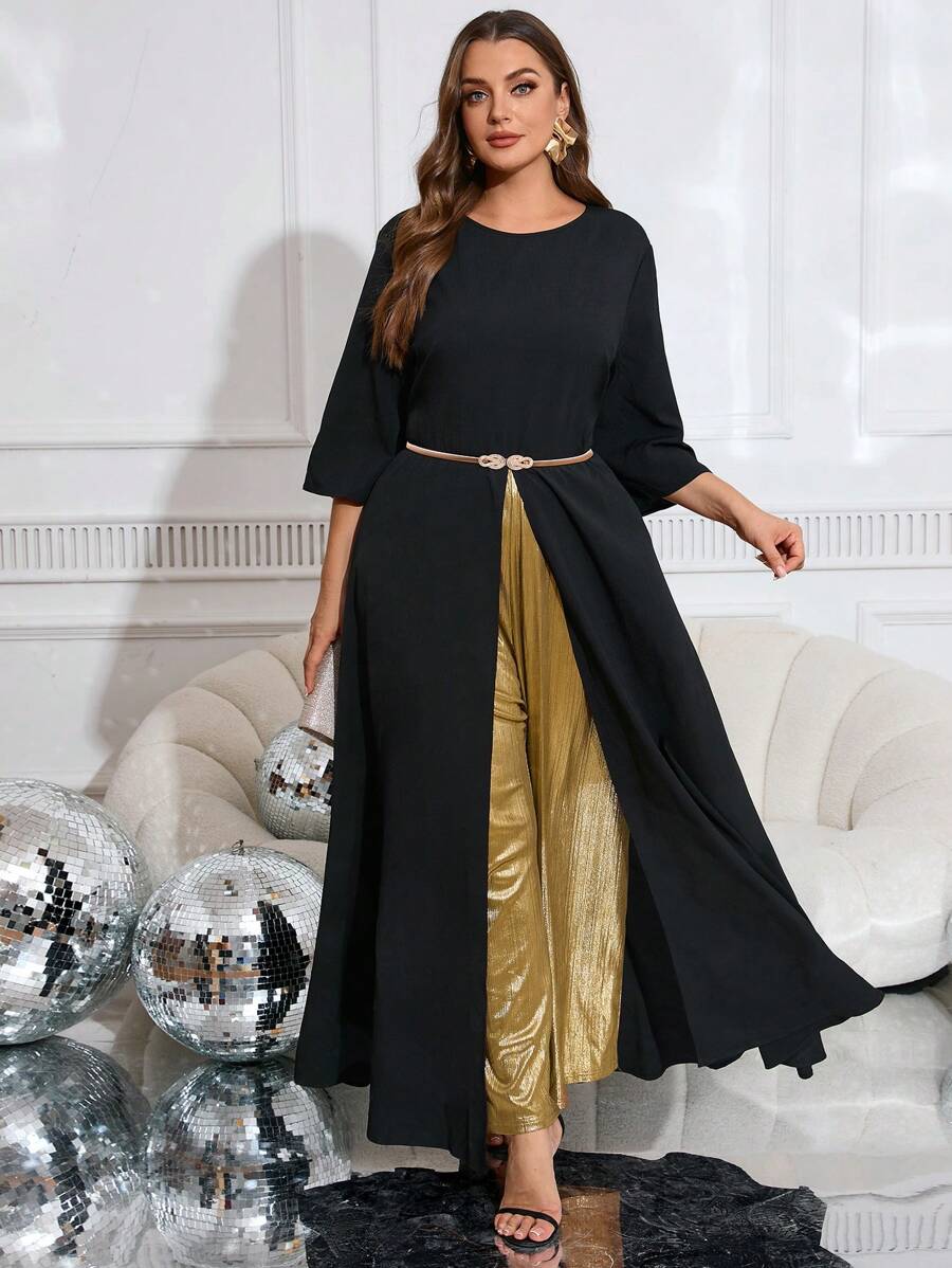 SHEIN Clasi Plus Size Round Neck Short Sleeve Waist Tie Split Fashion Charming Jumpsuit
