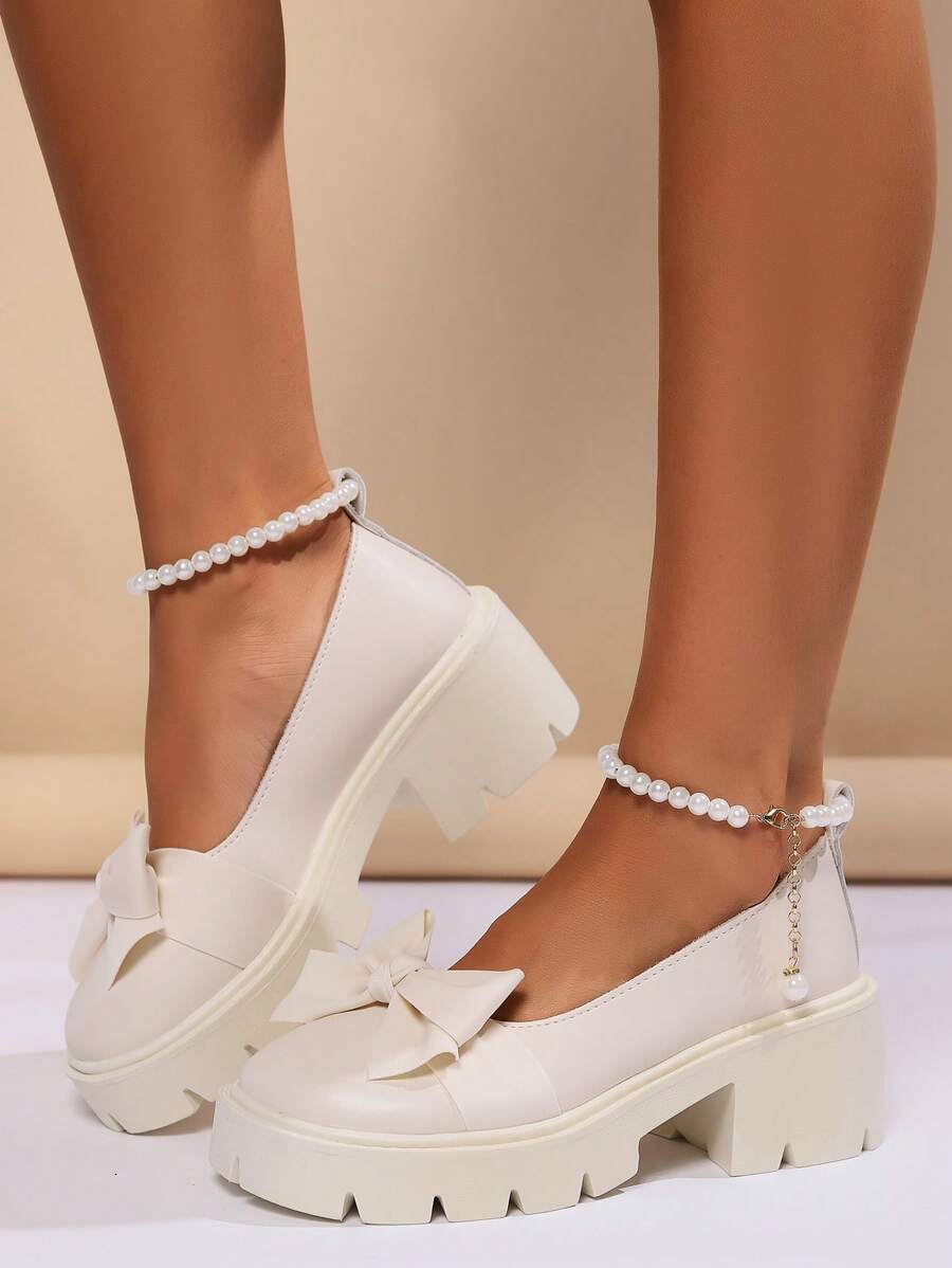 1 par de sapatos Mary Jane de sola grossa campus feminino com laço e decoração de pérolas artificiais, estilo escolar doce, primavera
