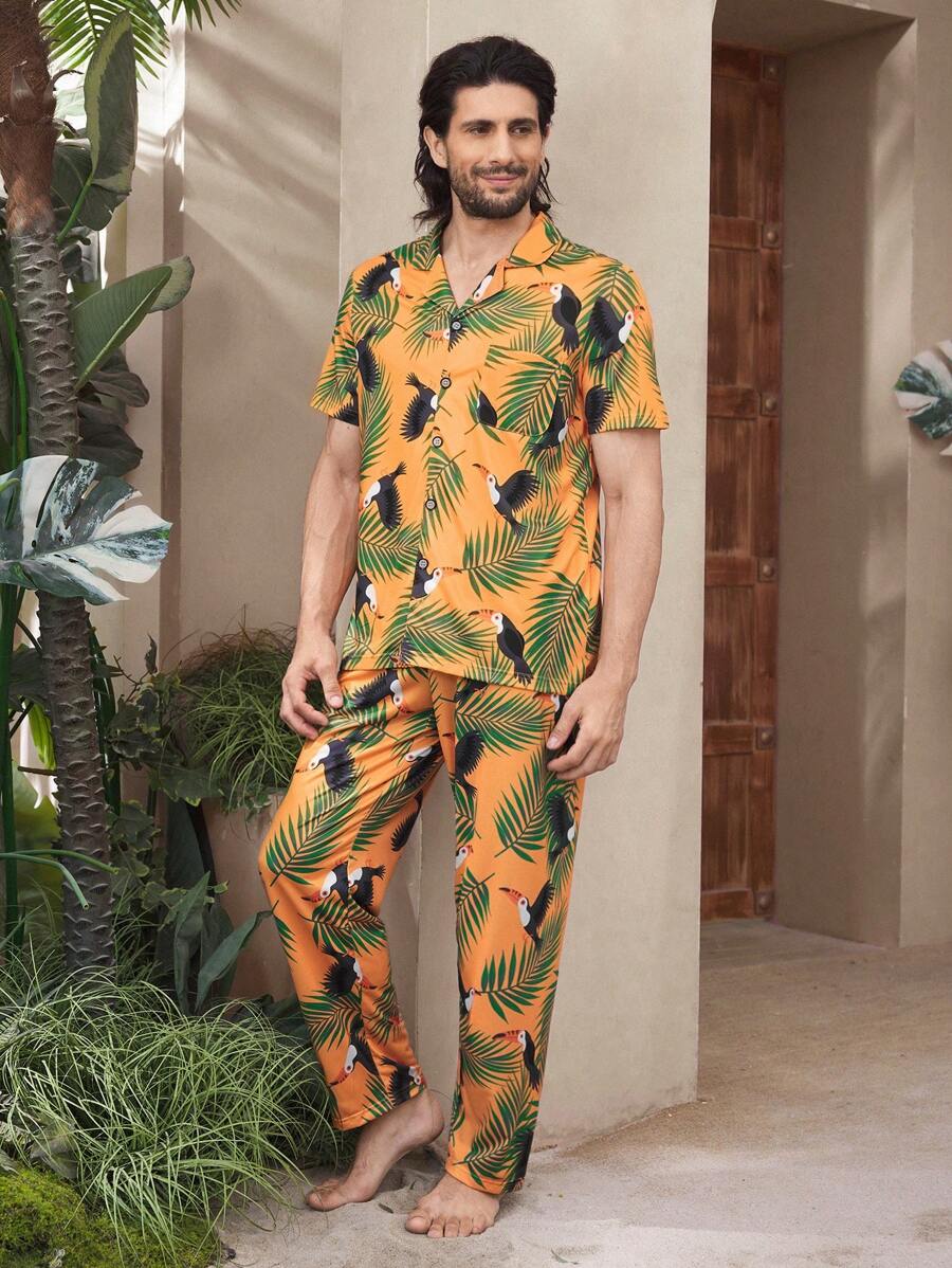 Manfinity Conjunto de pijama casual de verano de manga corta de una hilera para hombres (camisa y pantalones)