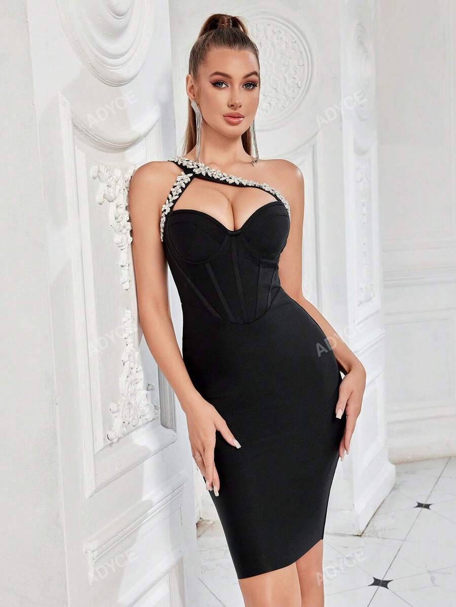ADYCE 1pc Women's Rhinestone Embellished One-Shoulder Backless Bodycon Party Bandage Dress