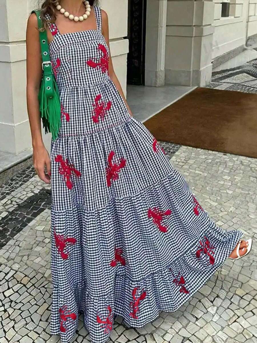 SHEIN Clasi Vestido largo casual y maduro con estampado de cuadros, animales y flores para mujer
