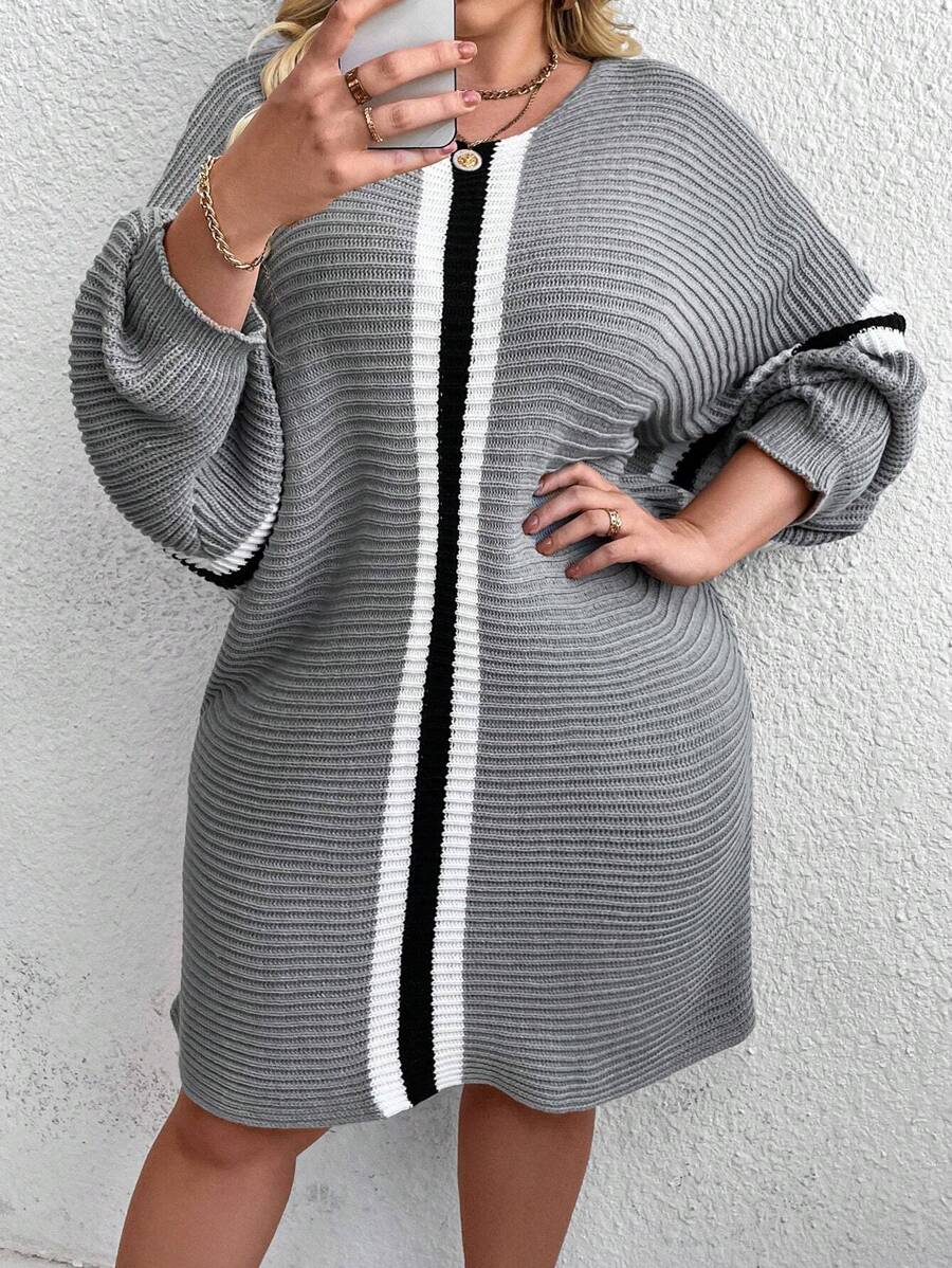 SHEIN CURVE+ Plus Size Striped Knit Sweater Dress, Loose Fit Round Neck Long Sleeve Casual Style, For Winter