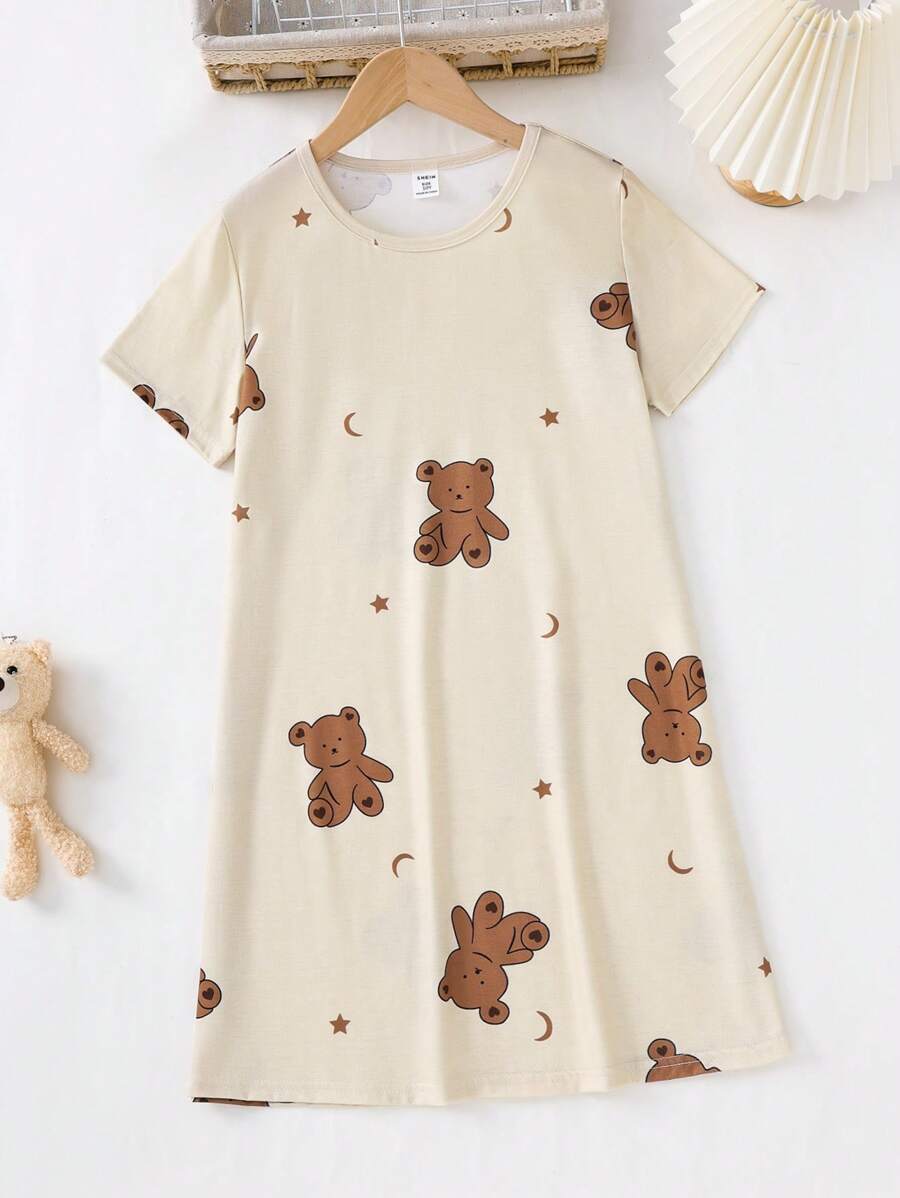 Conjunto de pijama con camisón de manga corta y cuello redondo con estampado de oso para niña preadolescente