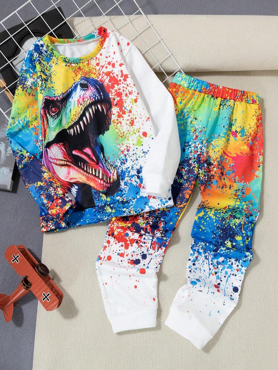 Tween Boys' Dinosaur Print Sweatshirt And Pants 2pcs Casual Suit, Autumn/Winter