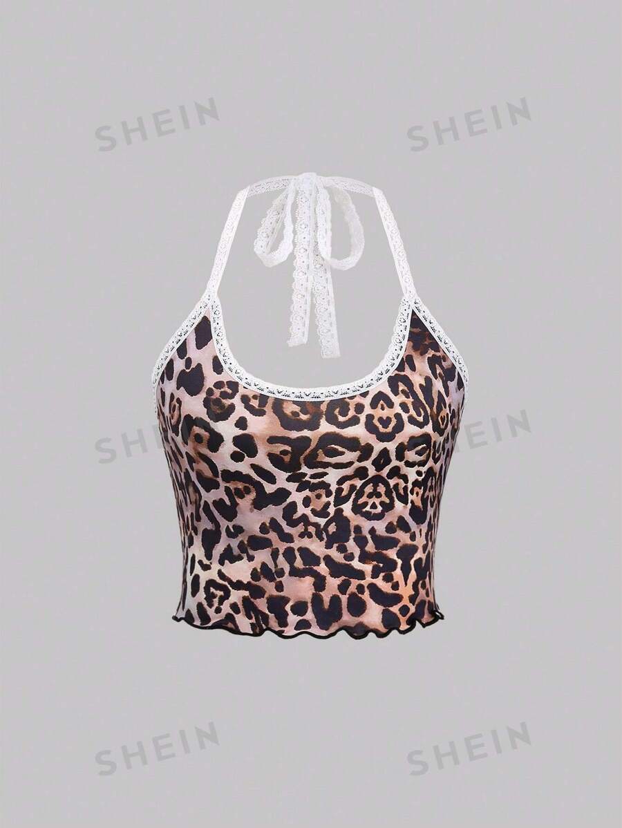 Flirla Camiseta sin tirantes con abertura en el cuello, estampado de leopardo, parche y volantes en el bajo para mujer