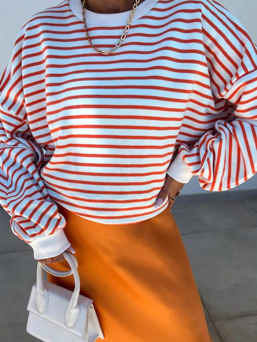INAWLY Plus maat casual sweatshirt met contrasterende strepen en verlaagde schouders, lente herfst