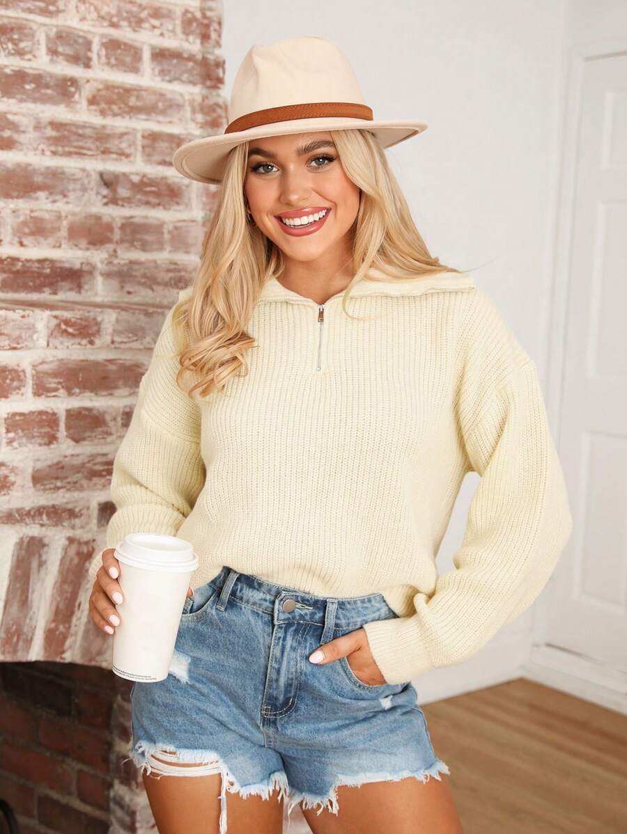 SHEIN LUNE Women's Casual Comfortable High Neck Solid Color Zipper Knit Sweater, Autumn/Winter