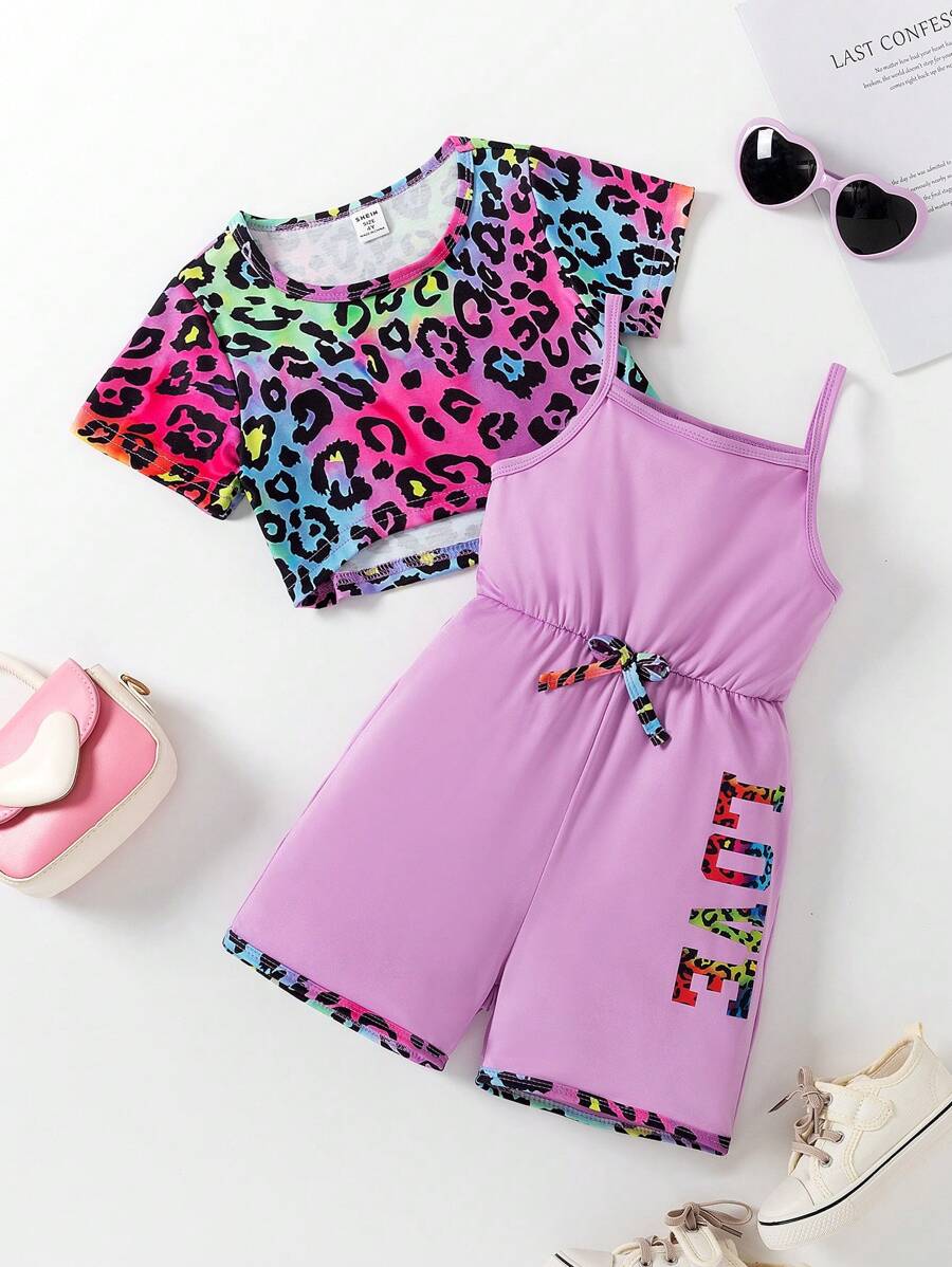 2pcs Toddler Girls' Fashionable Leopard Printed Crop Top & Jumpsuit Set, Summer