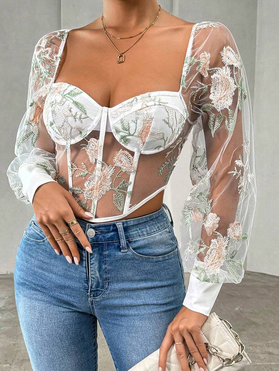 Allurite Women's Summer Sexy Floral Embroidery Sheer Mesh Sweetheart Collar Blouse