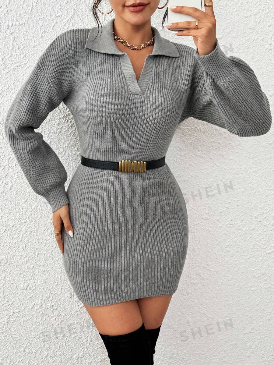 Calvaya Vestido de suéter de punto de manga larga minimalista liso para mujer