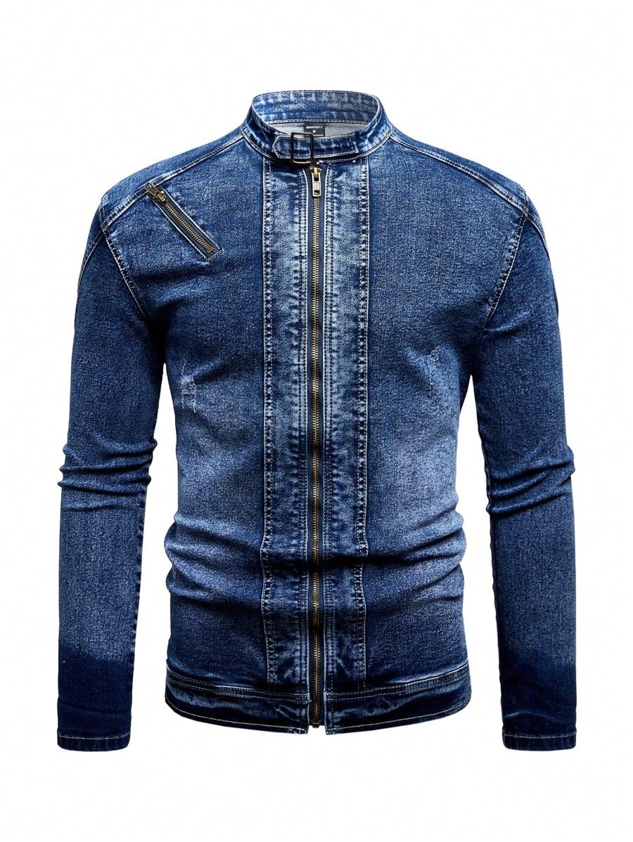 Manfinity LEGND Chaqueta vaquera azul desteñida de hombre, estilo techwear liso, corte ajustado, chaqueta de motociclista oscura, para salir, chaqueta vaquera de hombre