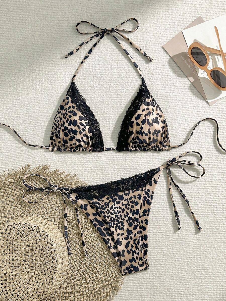 Swim Vcay 2025 Leopard Print Lace Trim Halter Bikini Set, Random Print Summer