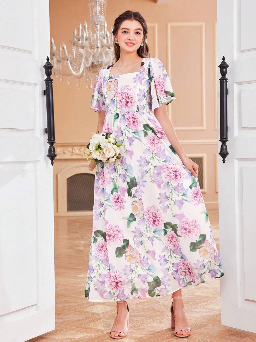 SHEIN Teen Girl's Woven Square Neck Floral Printed Dress