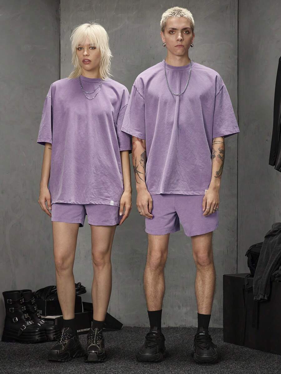 Manfinity UZERO 2pcs Men's Knitted Loose Casual Crew Neck Short Sleeve T-Shirt And Drawstring Waist Straight Shorts Set, Summer