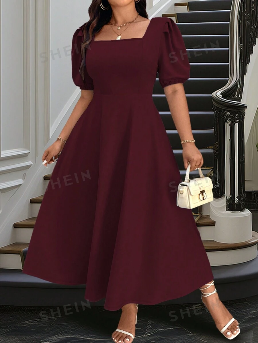 Celure Vestido casual de manga corta con cuello cuadrado liso para mujer de tallas grandes, conjunto de mujer color borgoña