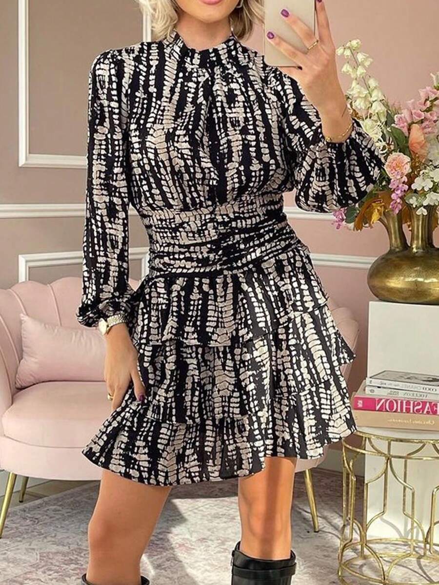 Calvaya Women's Casual Layered Ruffle Lantern Sleeve Lotus Leaf Hem Dress