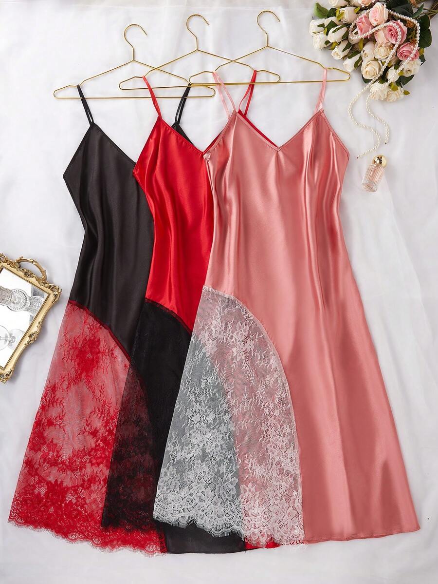 3 piezas Camisón con encaje y bloque de color con camisa para mujer