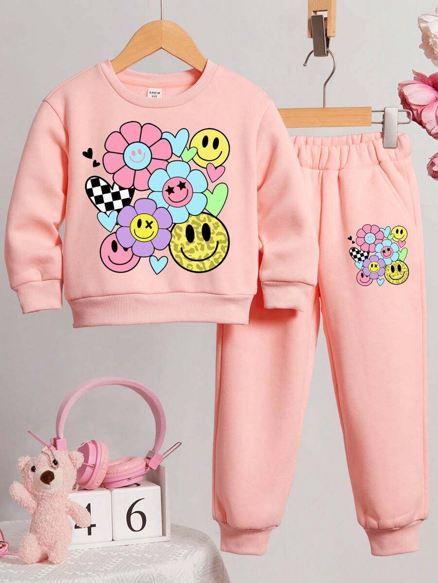 SHEIN Girls Stylish Print Set, Young Girl Casual Smile Face, Black White Checkerboard, Leopard, Floral, Heart Pattern Round Neck Long Sleeve Sweatshirt Two-Piece Suitable For Autumn/Winter