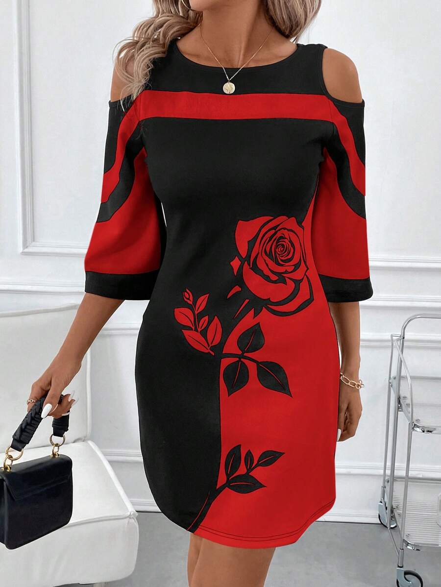 SHEIN Clasi Vestido midi elegante con hombros abiertos, estampado de rosas y bloques de color para mujer