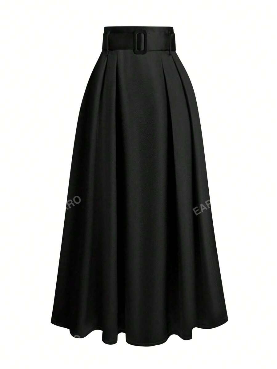 Women's Waist Cinching Skirt,Ladies Elegant Belted,Plicated Long Regular Fit High Waist Black Plain Women Skirts,Spring/Fall,Casual Daily Wear