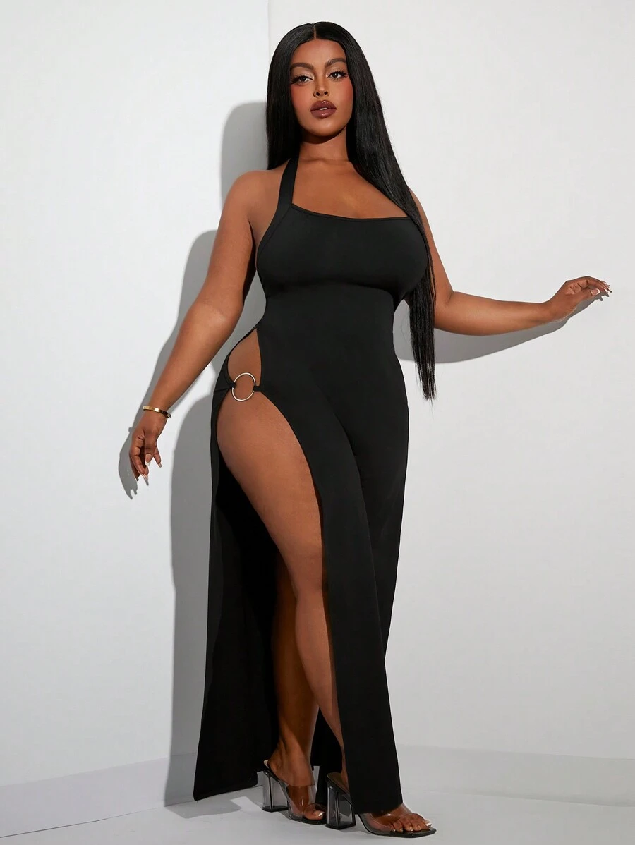 SHEIN SXY Plus Size Wizytowa sukienka z wysokim rozcięciem i odkrytymi plecami na przyjęcie z okazji ukończenia szkoły