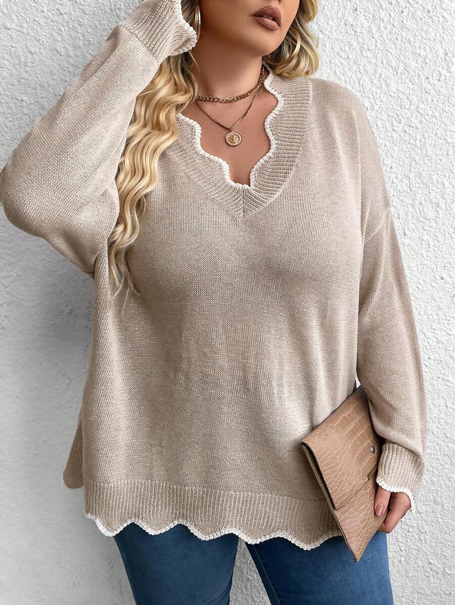 SHEIN CURVE+ Plus Size Casual Colorblock Shell Trim Sweater, Spring/Fall, For Winter