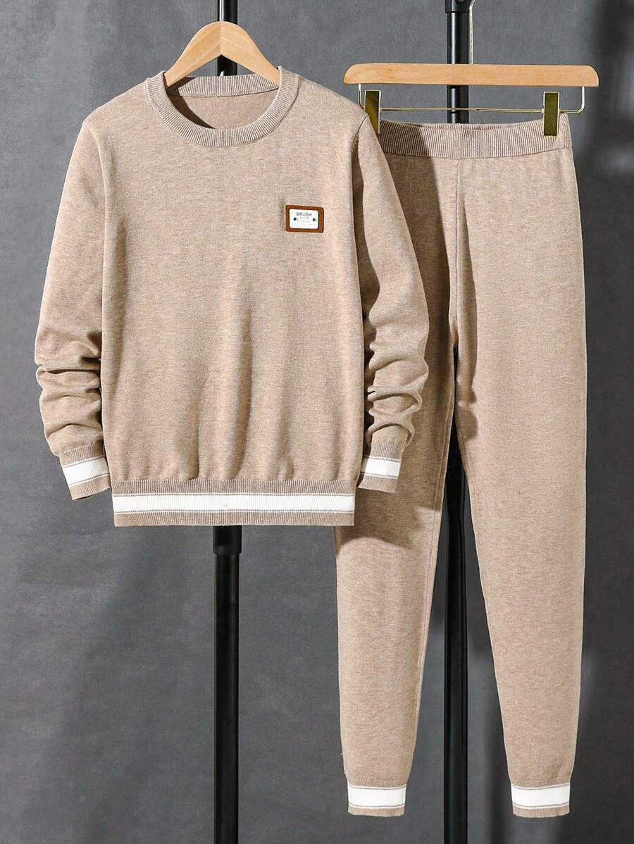 Soft Casual Simple Jacquard Contrast Color Long Sleeve Loose Comfortable Warm Knitted Base Sweater And Pants Set For Teen Boy, Autumn Winter