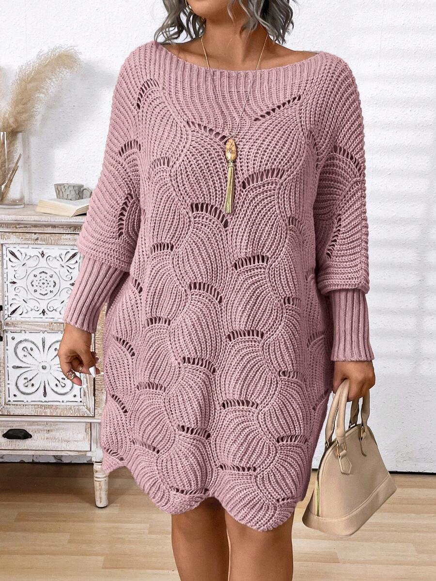 Plus Size Women's Solid Color Simple Daily Hollow-Out Long Sleeve Sweater