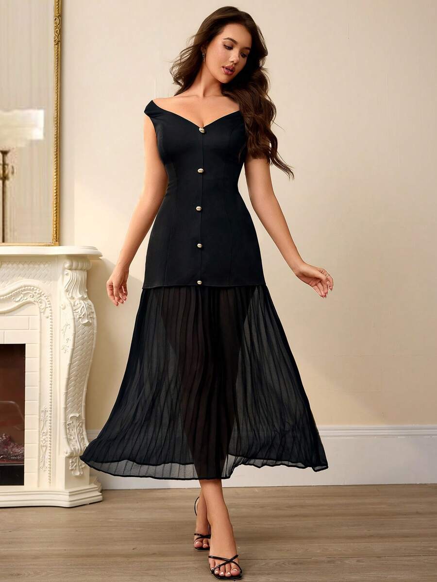 Aveloria Rosie Vestido elegante de gasa sin mangas con escote en V con parches de volantes